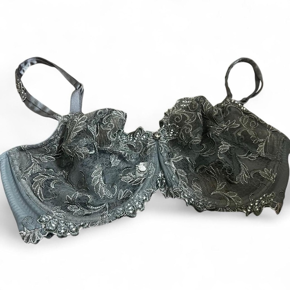 Lise Charmel France gray lace mesh bralette lingerie 36E Europe vintage cottage